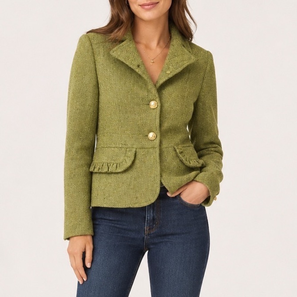 Vintage J Crew Womens Green Wool Tweed Ruffle Pocket Blazer 2 Gold Crest Button